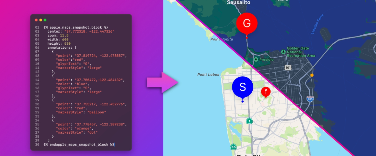 jekyll-apple-maps hero image that shows converting liquid template tags to an apple maps image